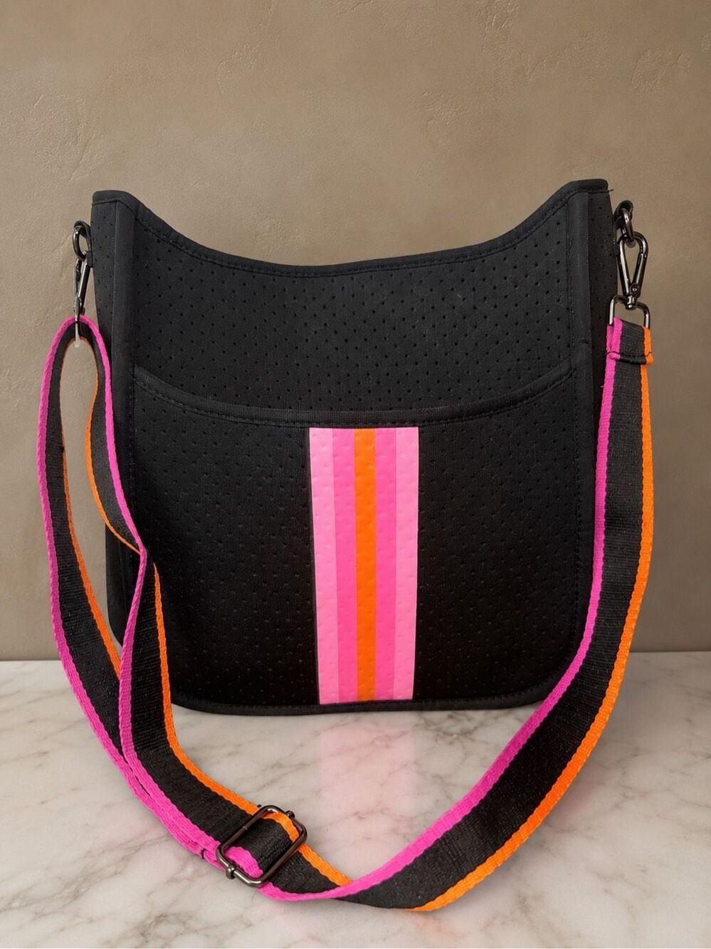 Neoprene Stripe Crossbody Messenger Bag Black Pink Orange Waterproof